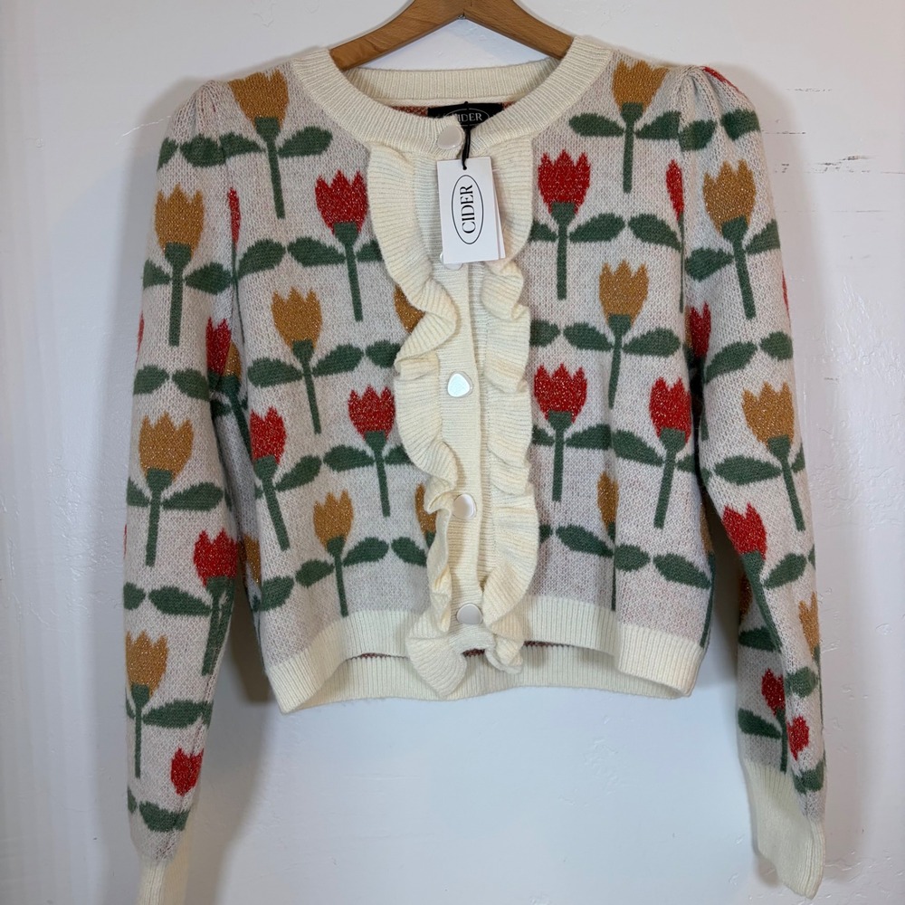 New- Cider Womens Small Jacquard Tulip Floral Ruffle Knit Cardigan Sweater Ivory - Picture 2 of 7